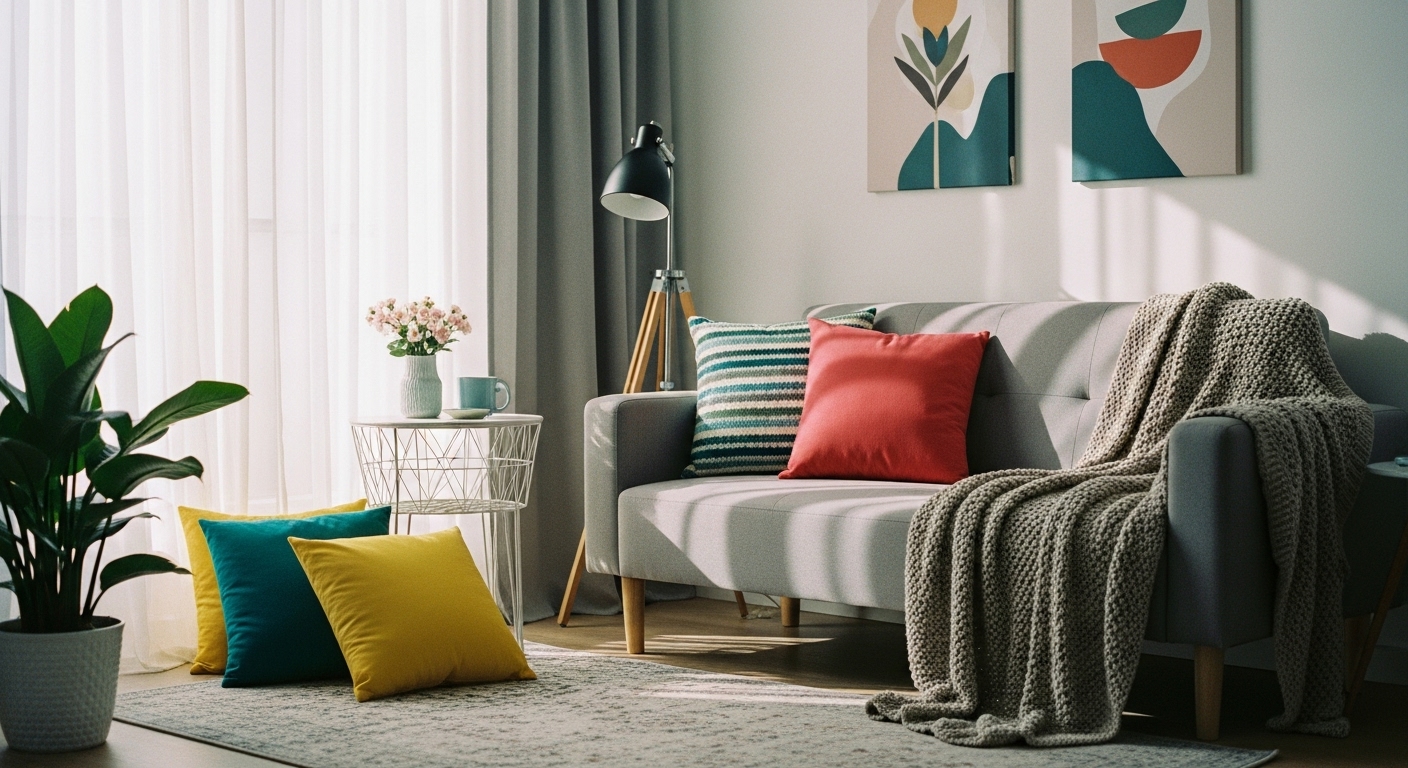 iving room with soft throw pillows, a warm blanket, patterned area rug, and modern wall artwork for cozy decoration.