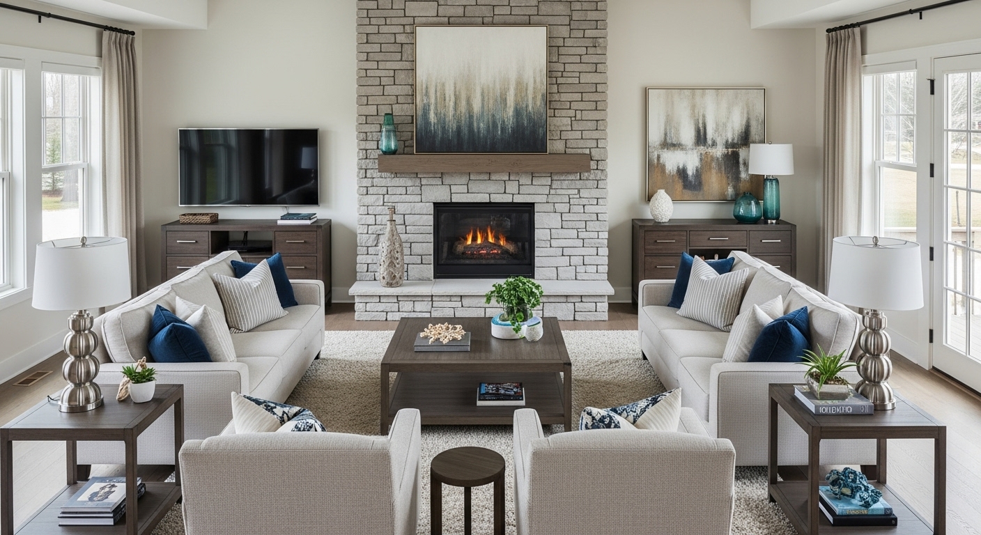  Interior shot showing a sofa set arranged around a fireplace in a well-lit living room