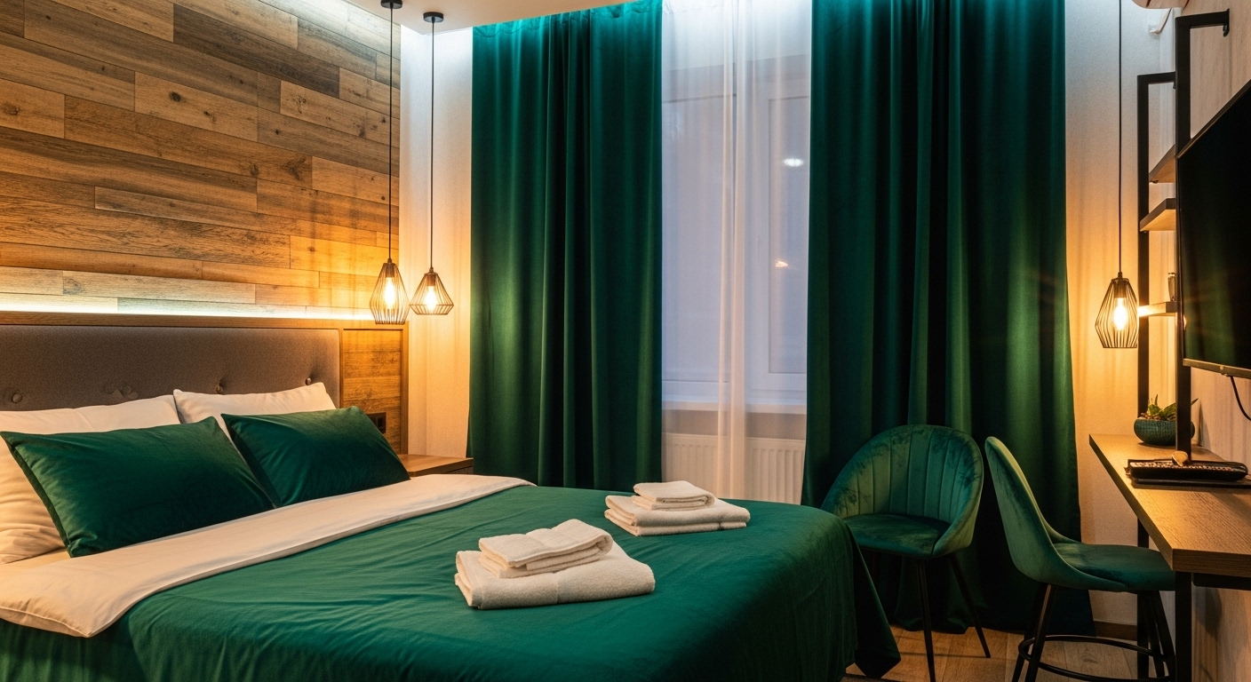 Bedroom with emerald green bedding and curtains, featuring layered textures, ambient lighting, and wood accents for warmth
