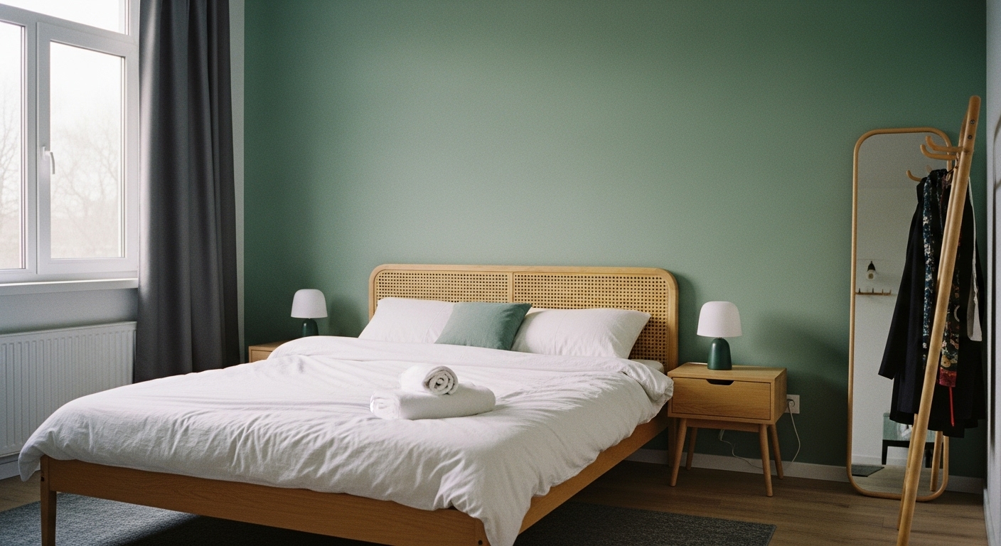 Earthy sage green accent wall in a cozy bedroom with white bedding and wooden furniture