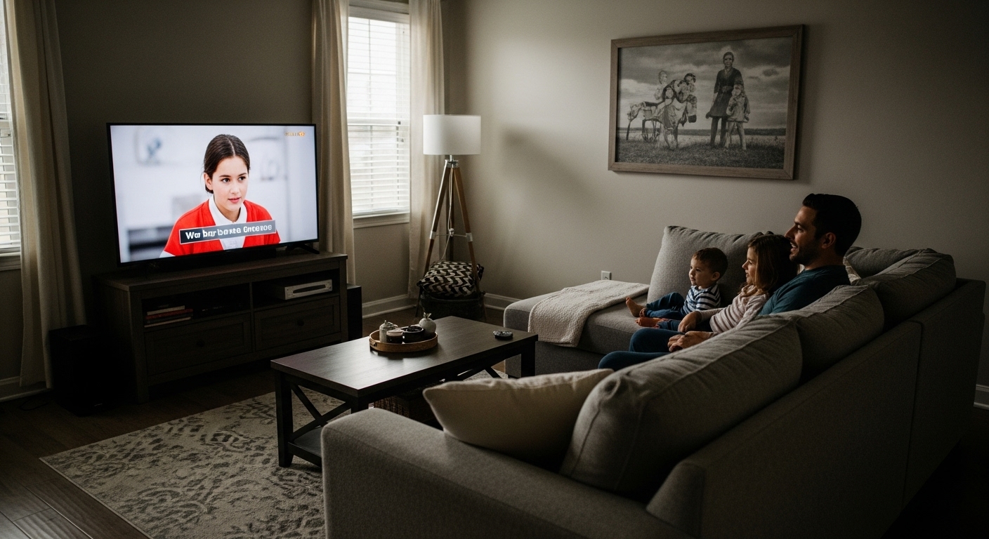 A cozy family living room showing optimal distance between the TV and sofa for eye comfort