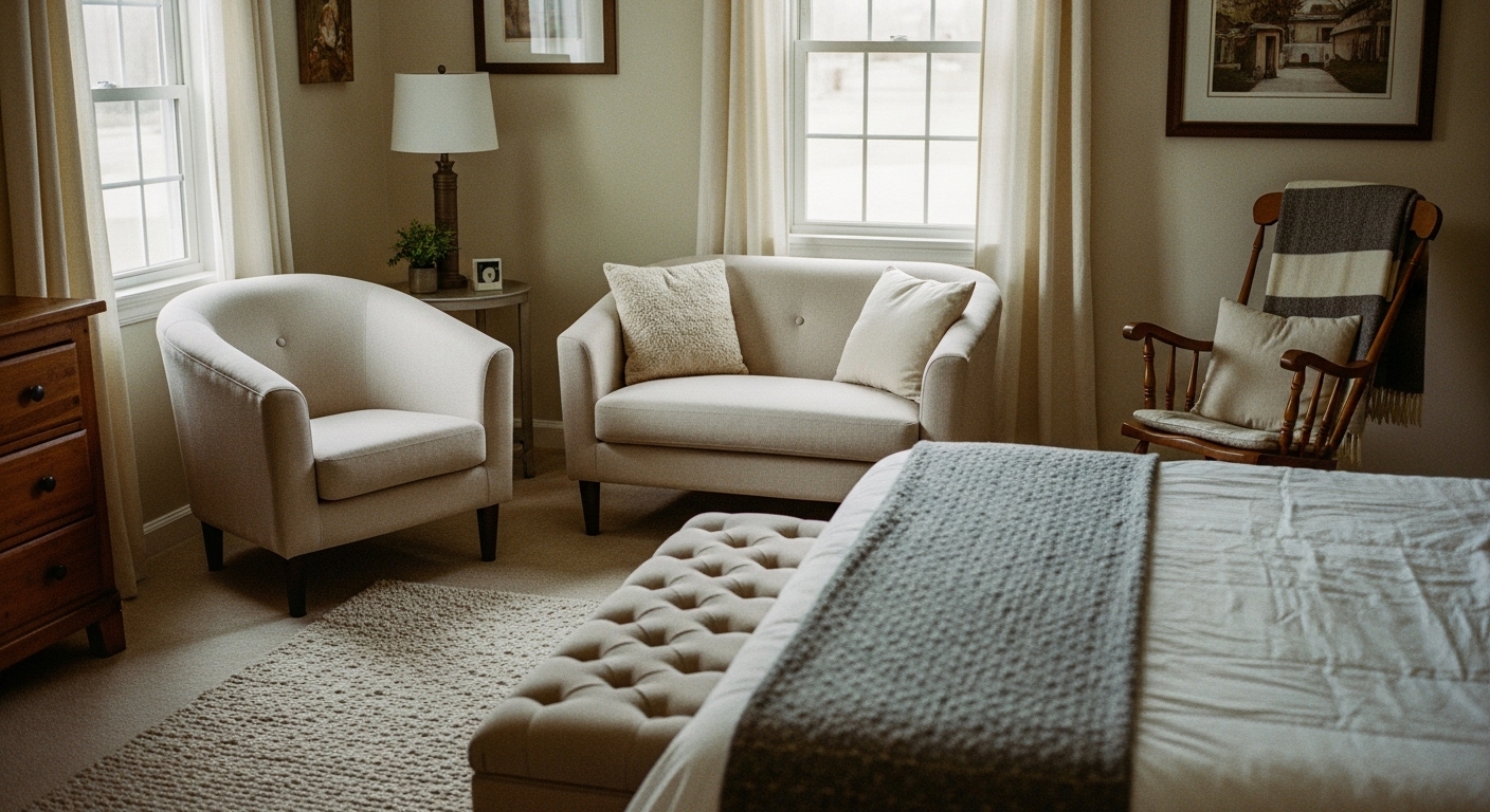 A charming spare bedroom featuring a cozy armchair, a small loveseat, a foot bench, and a vintage-style rocking chair.