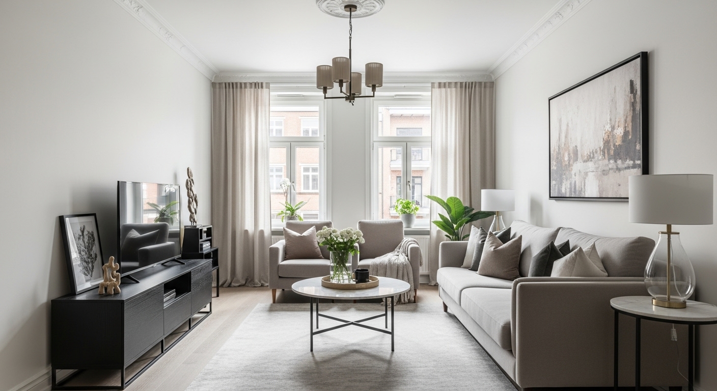 Modern long narrow living room featuring a consistent color scheme and cohesive interior design from end to end.