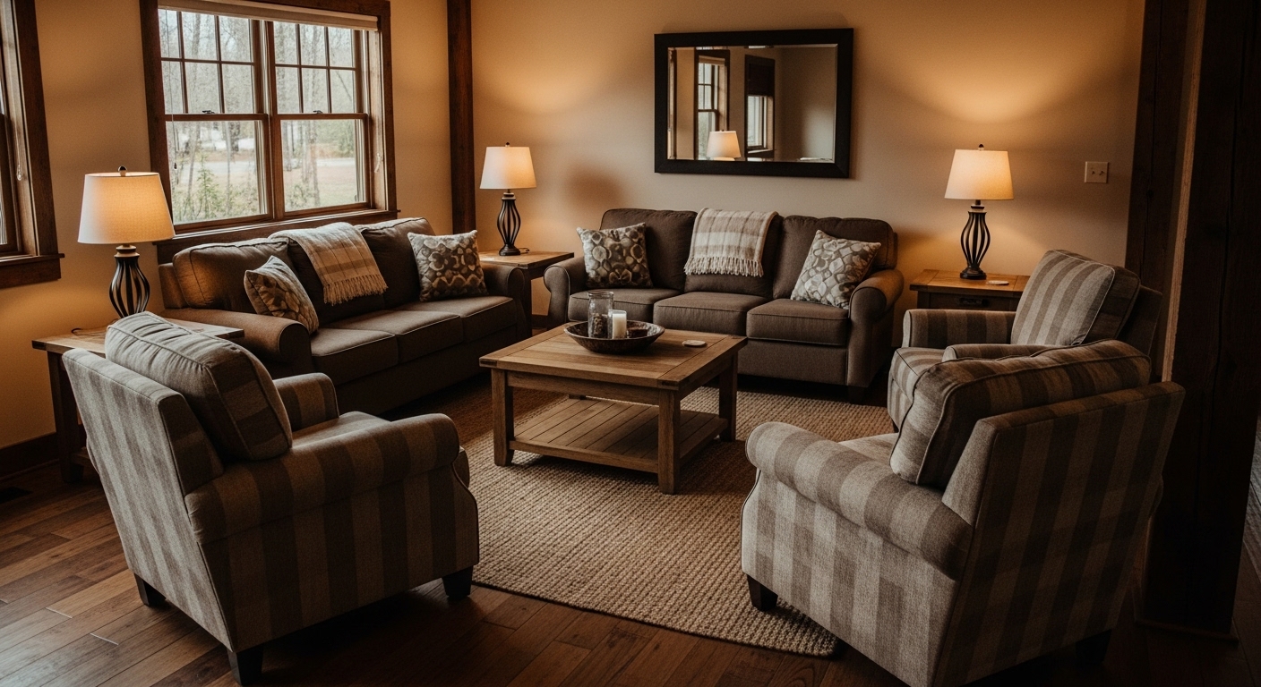 Sofa and chairs arranged in a semi-circle in a rustic living room to promote conversation and comfort.