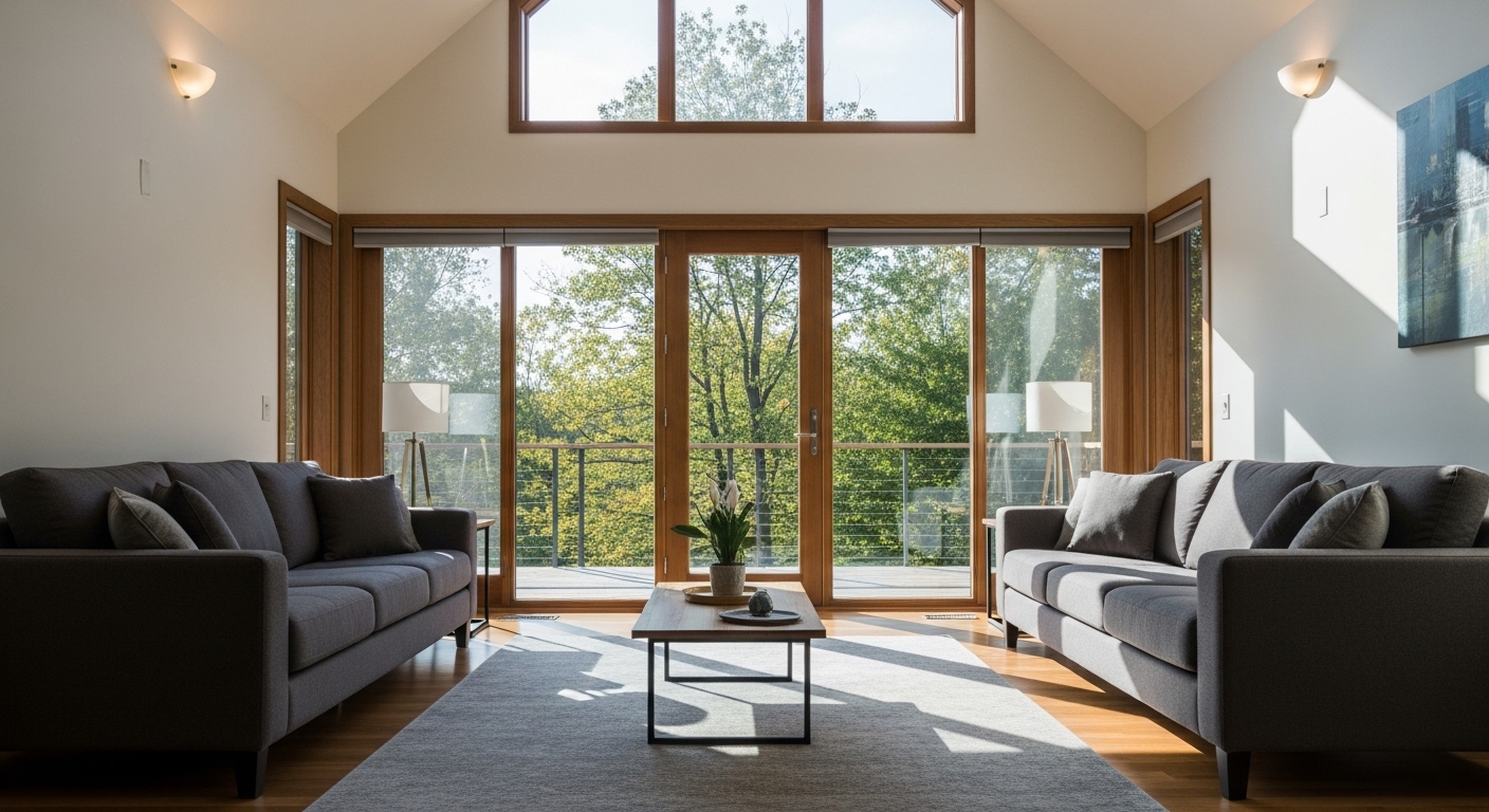 Two sofas arranged around a wide living room window overlooking a scenic outdoor view.