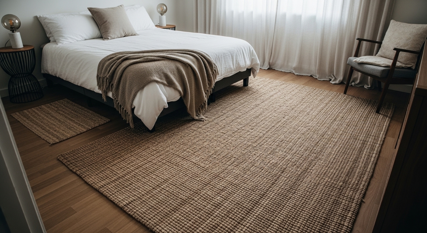 Large neutral jute rug under a queen-size bed in a cozy minimalist bedroom with natural light
