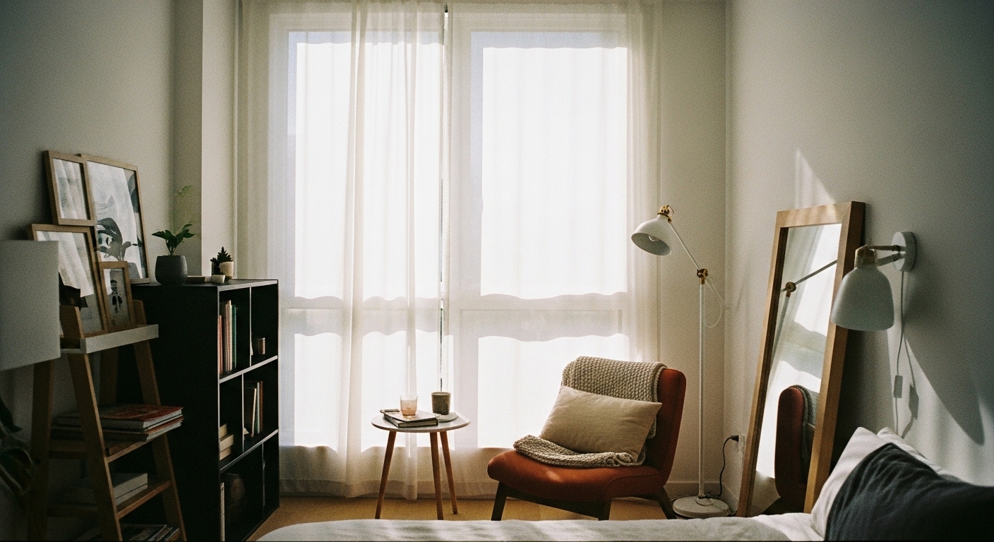 Sunlight filtering through sheer curtains in a small modern room with large windows, creating a spacious and airy feel