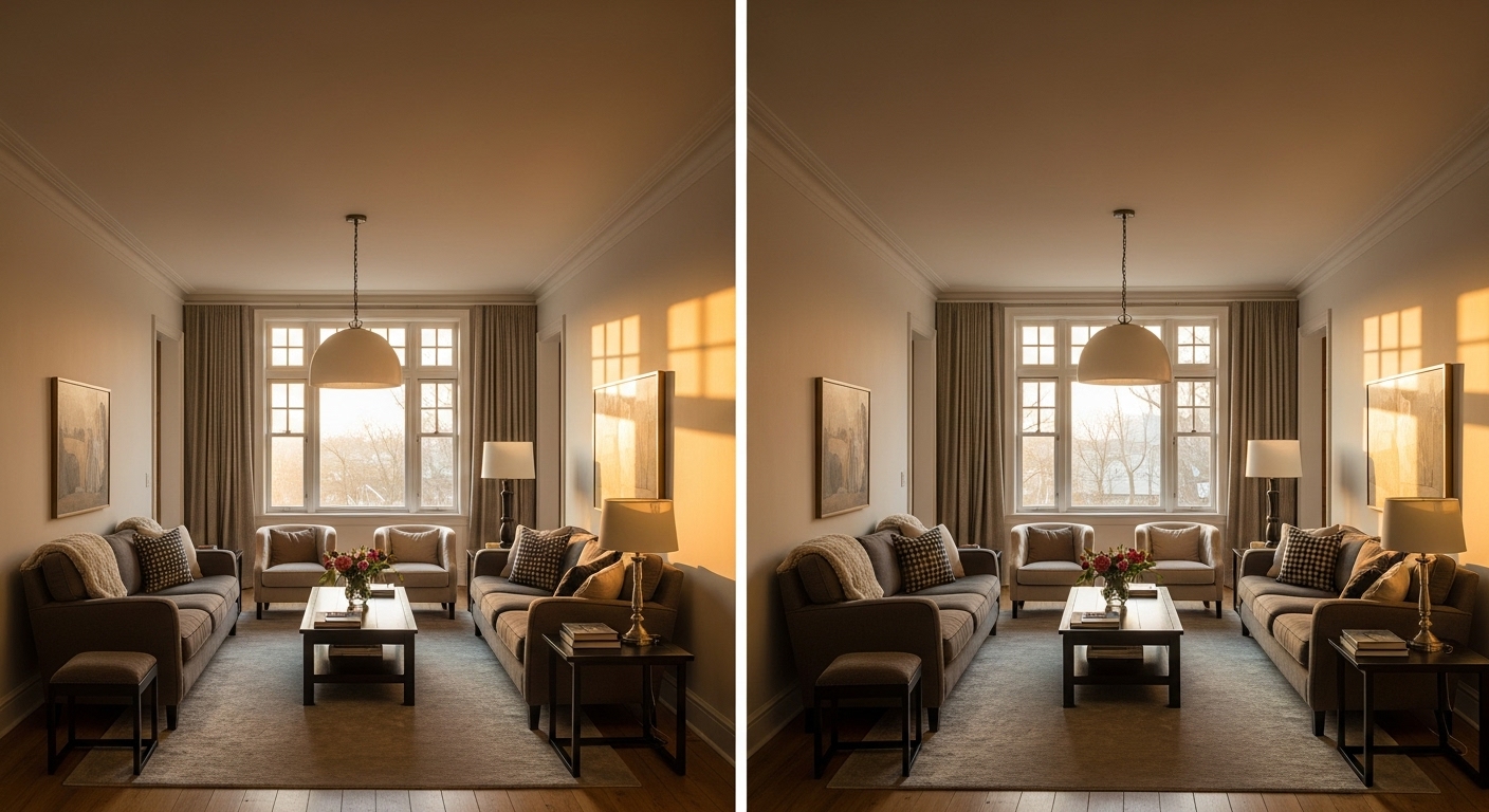 Two distinct seating zones in a long, narrow living room for intimate gatherings.

