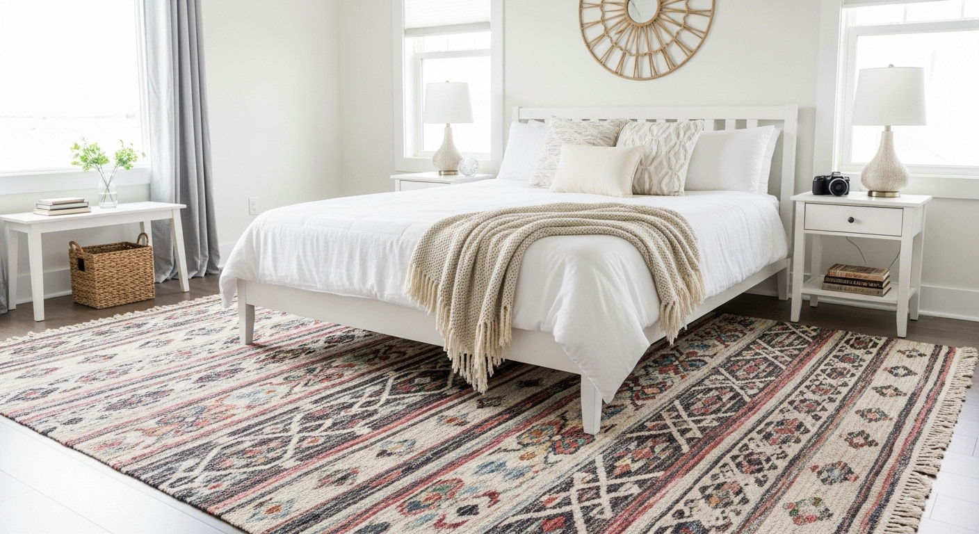 Minimalist bedroom featuring a queen-size bed with a flat weave kilim rug sized up for full coverage.