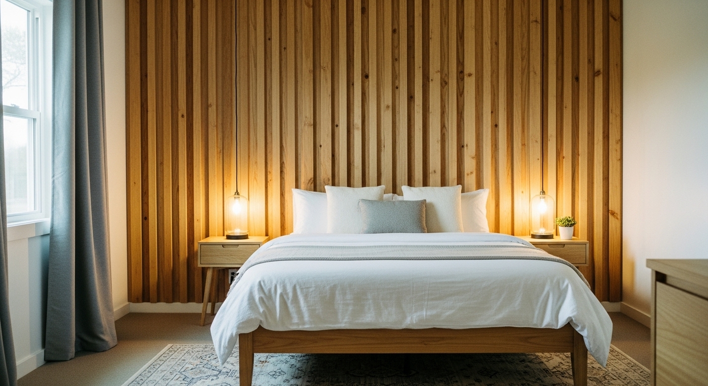 Warm and inviting bedroom interior with vertical wood panel accent wall, soft white bedding, and natural sunlight.