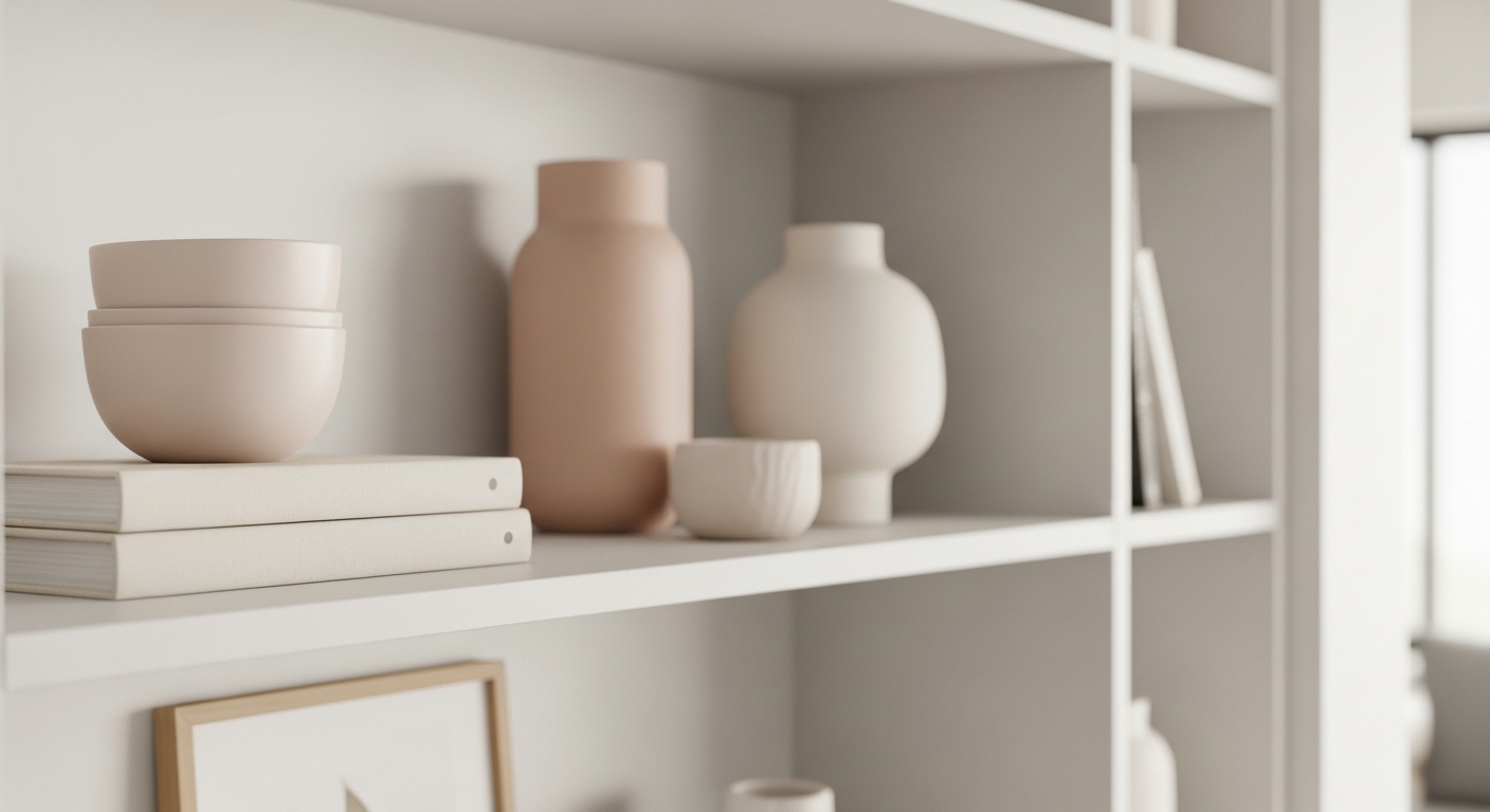 A tastefully styled open shelf with only a few curated decorative items, showing how careful display keeps the room visually clean.

