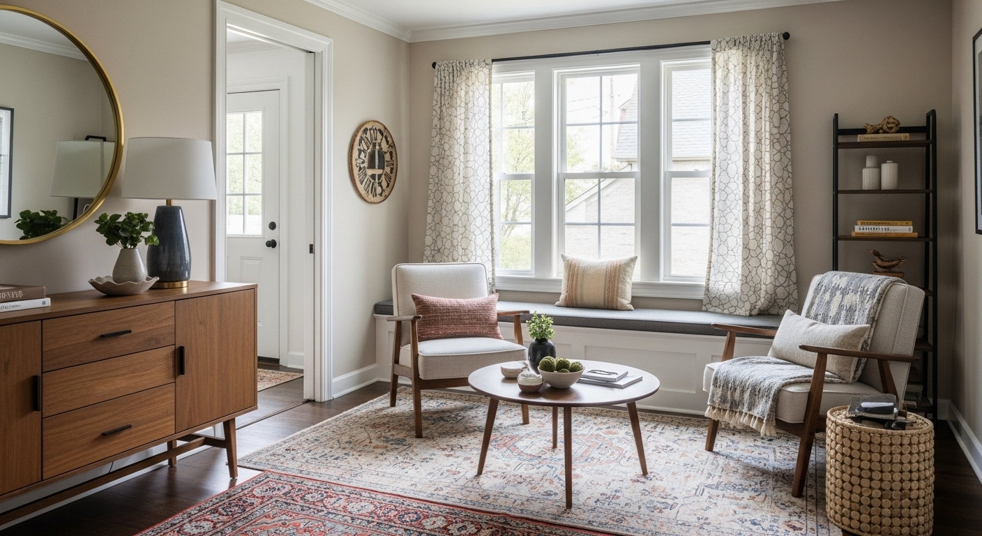 Cozy home interior with secondary furniture groupings, showing a lounge chair, reading corner, and a multi-functional layout that enhances usability.