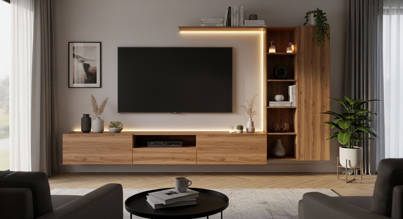 A media console with a mounted TV, shelves with decor, and ambient lighting in a contemporary living room