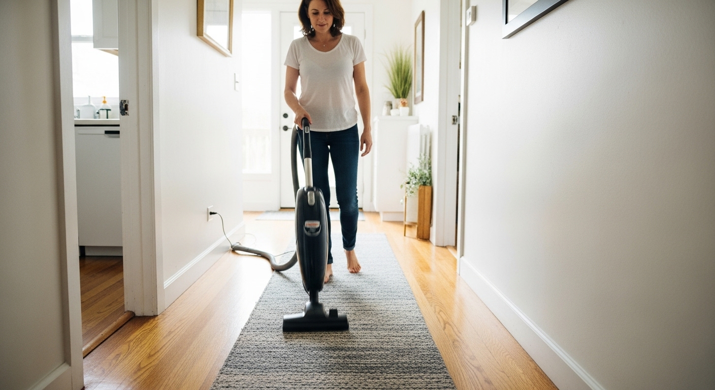 Woman vacuuming a narrow decorative runner rug in a hallway, showing a simple home cleaning routine for smaller rugs.


