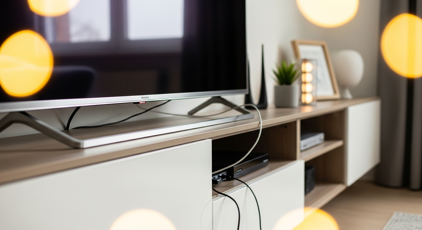 Neatly arranged TV setup in the living room with concealed cords for a clean and organized look.