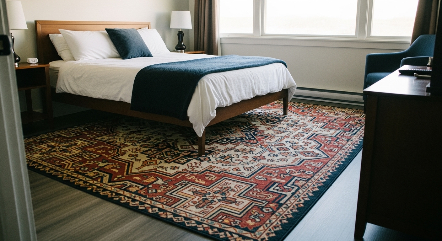 Queen bedroom with a bold patterned rug that fills the space, showing the impact of large rug designs