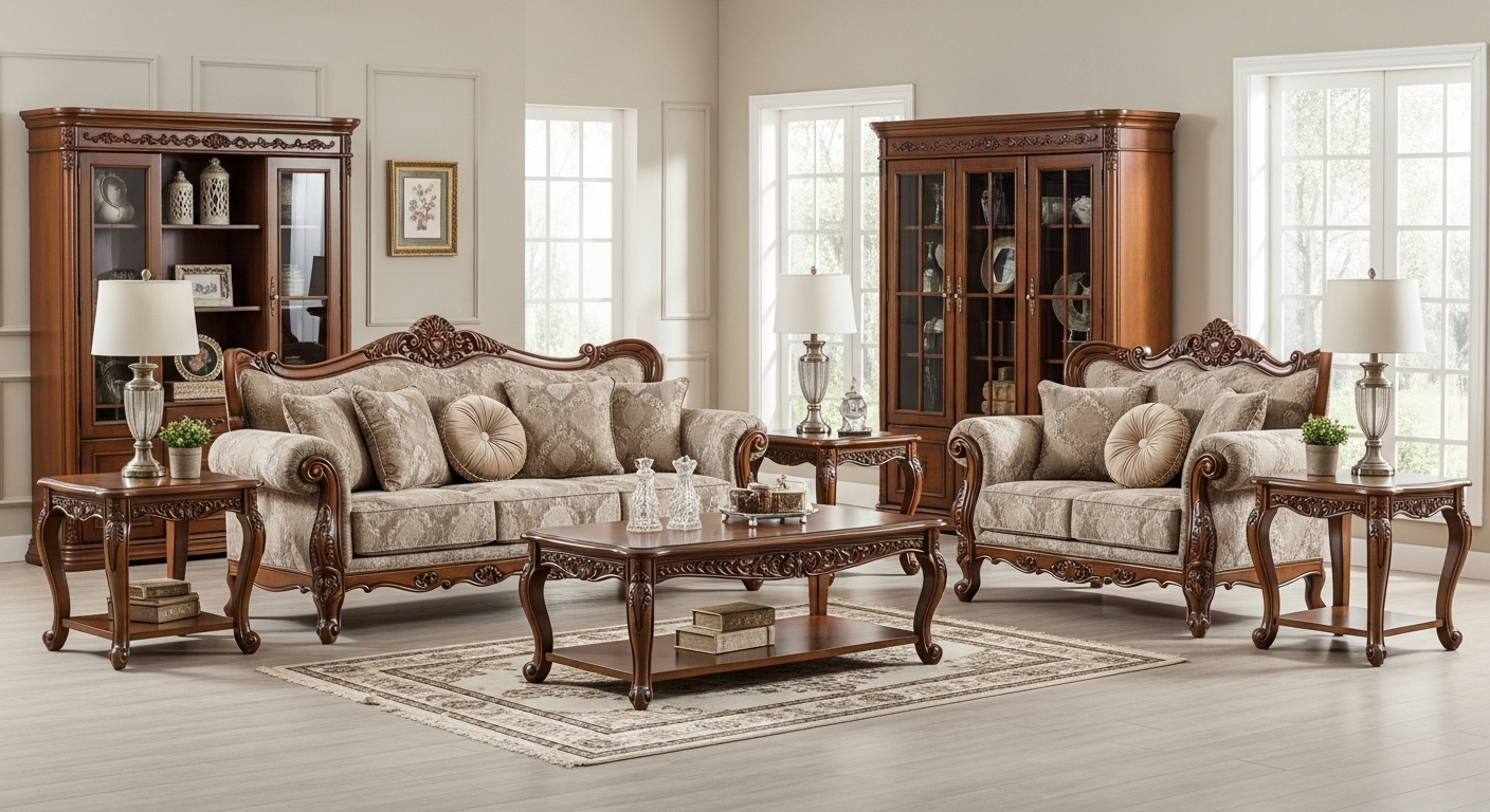 Complete traditional living room set with matching furniture and coordinated decor.

