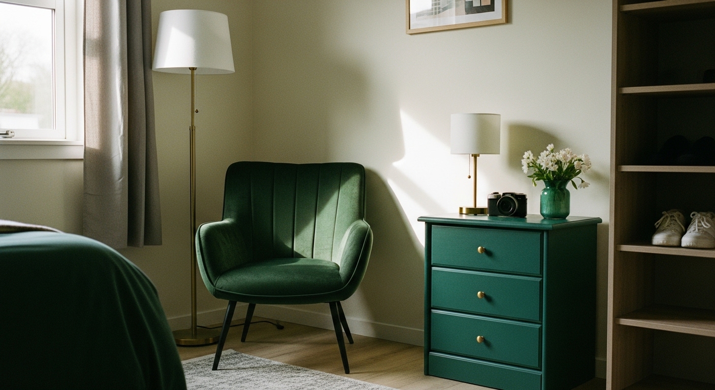 A compact room featuring a dark green armchair and dresser, showcasing how bold color enhances small-space furniture.