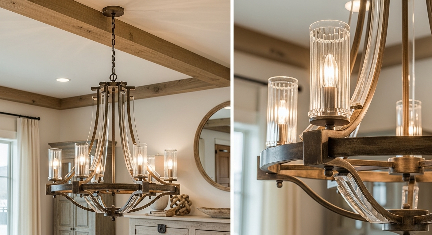 Rustic chandelier with modern metal finish hanging in a farmhouse-inspired interior space.

