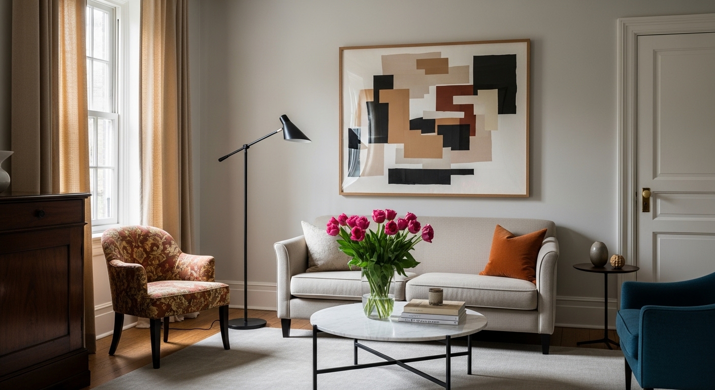A traditional living room enhanced with modern accents such as minimalist lighting and abstract artwork to rejuvenate the decor.