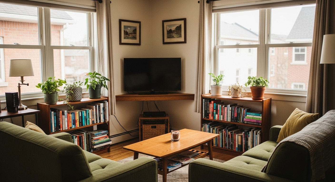 A compact living room with a TV neatly placed in the corner to save space