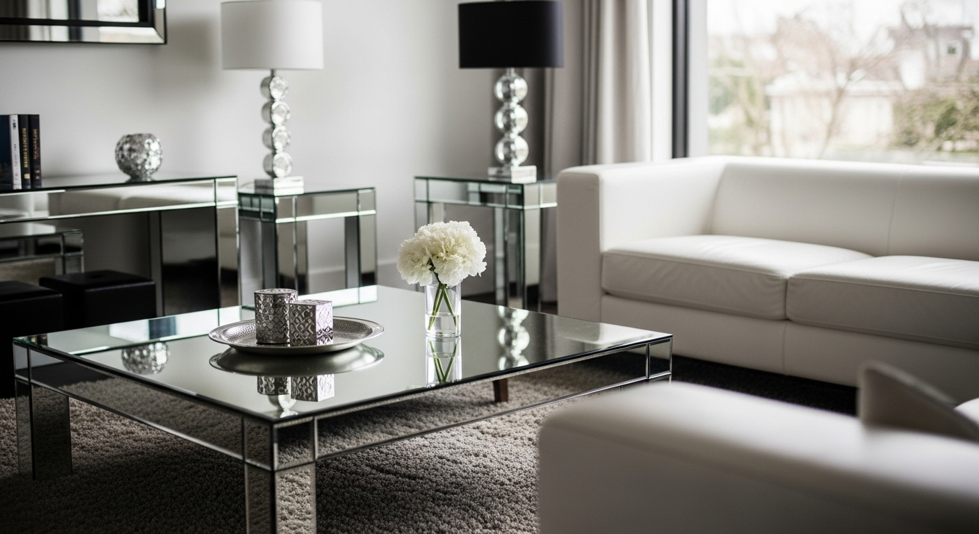 A small living room corner with a mirrored side table reflecting natural light, helping the space appear more open.