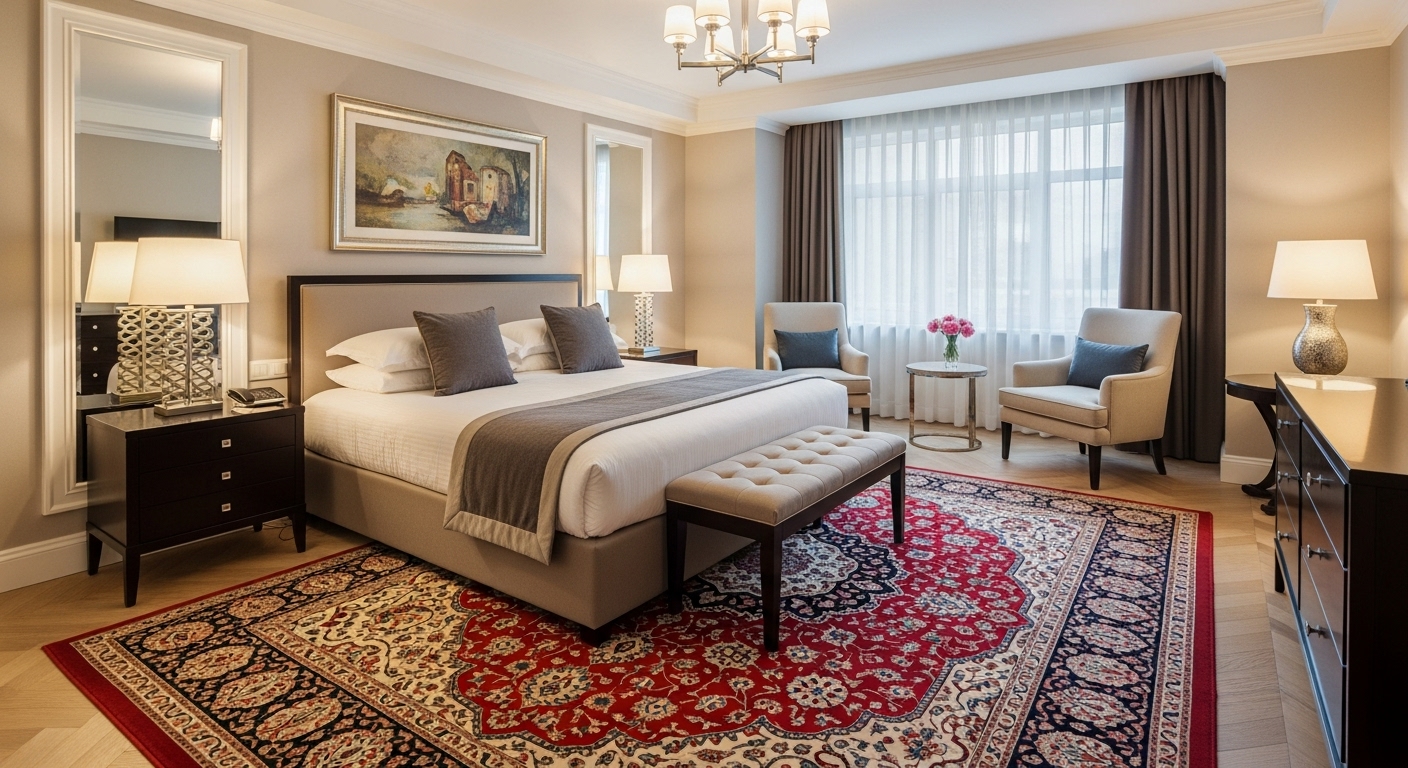 Elegant queen bed in a luxurious bedroom placed on a high-quality, investment-grade rug, showing timeless interior style.

