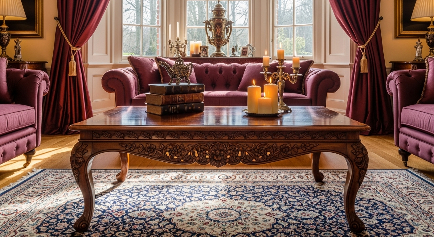 Mahogany coffee table with floral carvings and decorative elements in a traditional living room.