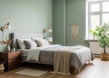 A serene bedroom with sage green walls, soft bedding, wooden nightstand, and natural light illuminating a potted plant in the corner.