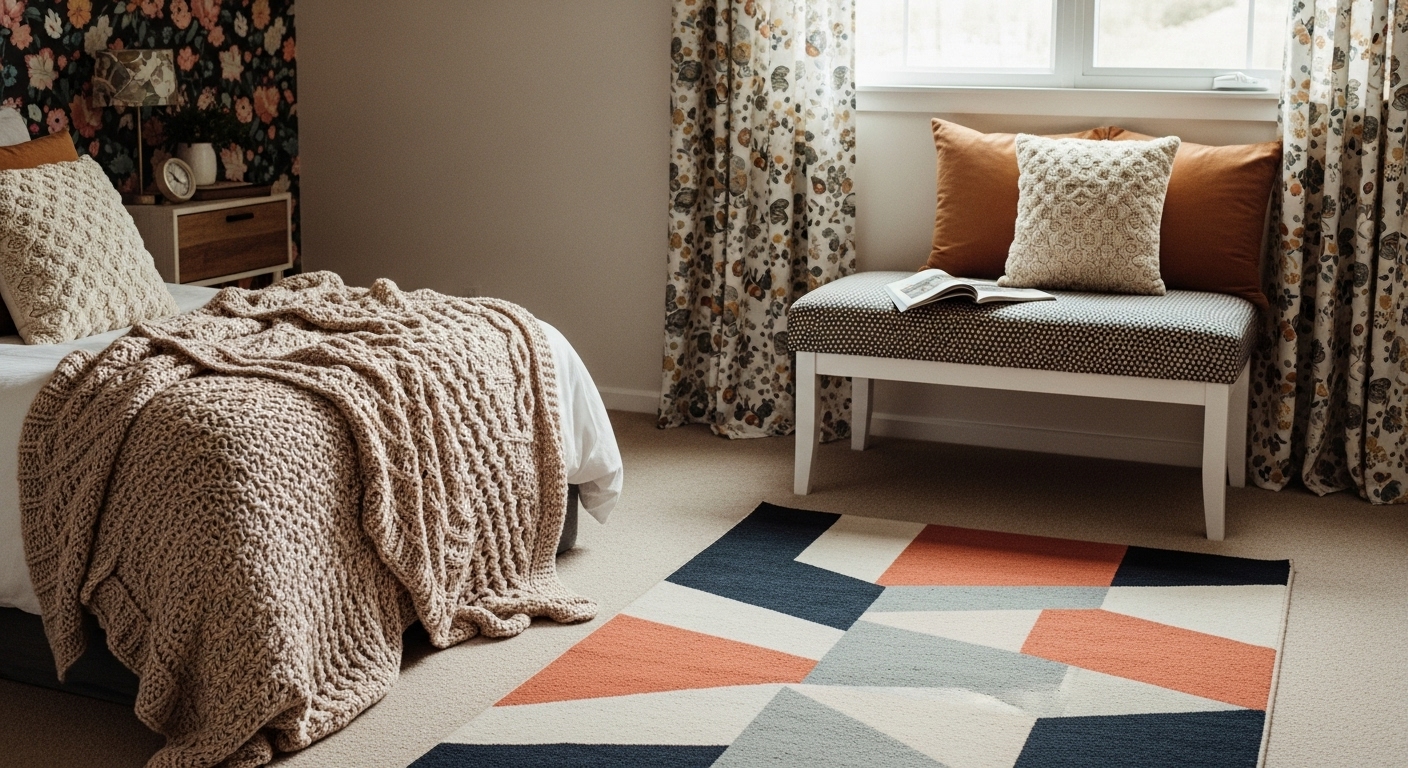 A cozy bedroom featuring textured throw pillows, a knitted blanket, bold-patterned area rug, and floral patterned curtains, styled with layered design elements to enhance depth and warmth.