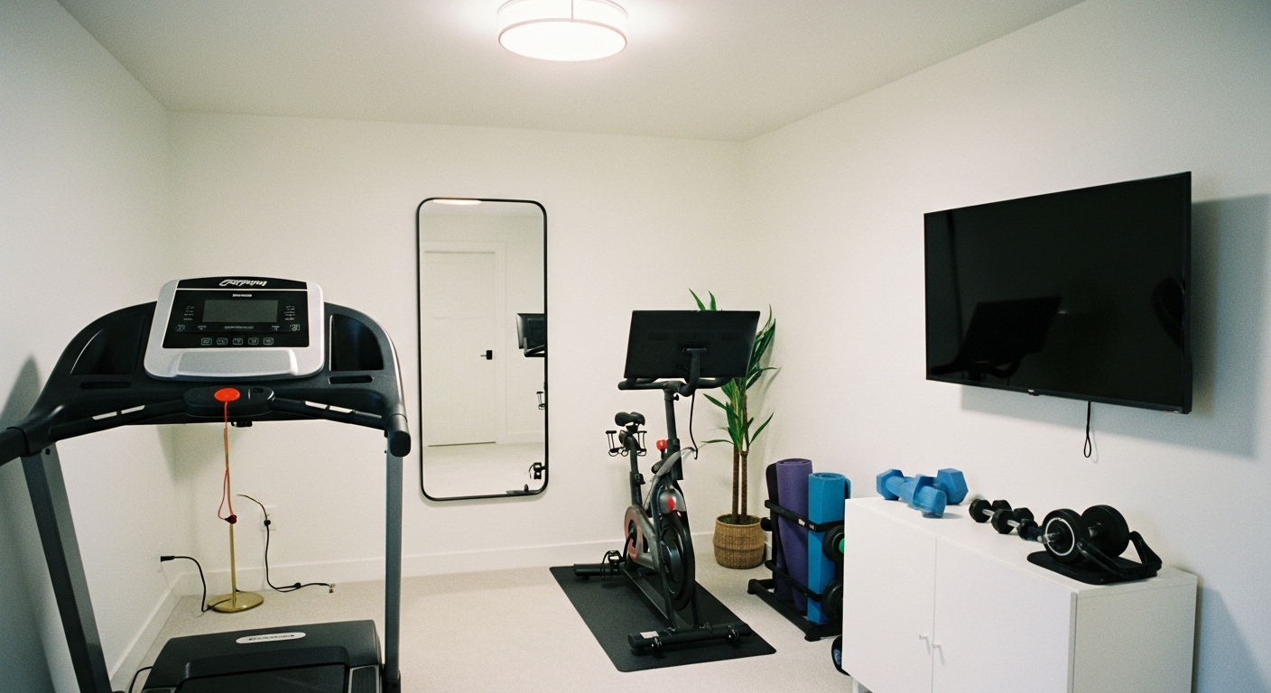 A modern home gym setup in a windowless spare bedroom with a treadmill, mounted TV, mirrors, yoga mat storage, and dumbbells arranged in a minimalist cabinet.
