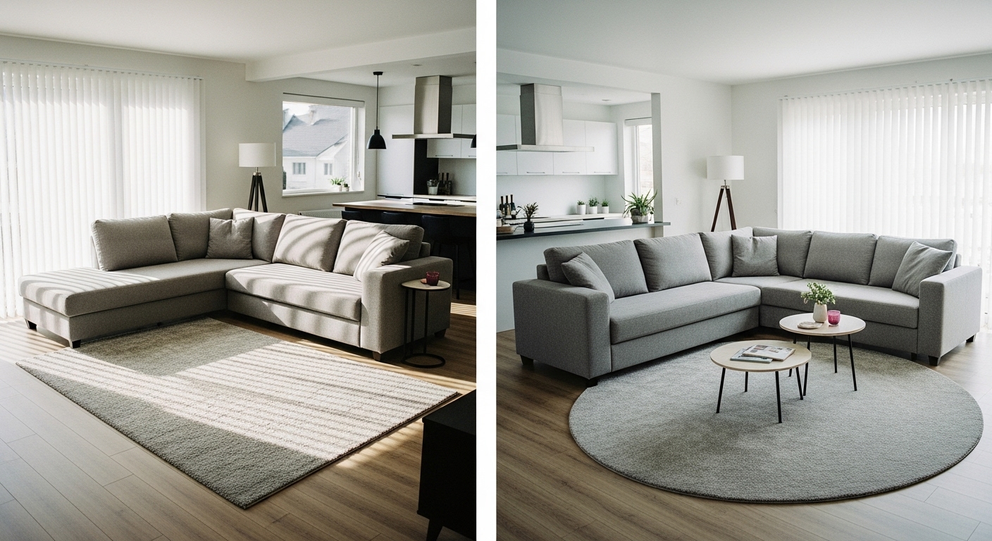 L-shaped sectional paired with a rectangular rug and a U-shaped sofa balanced with a round carpet in a spacious living room.