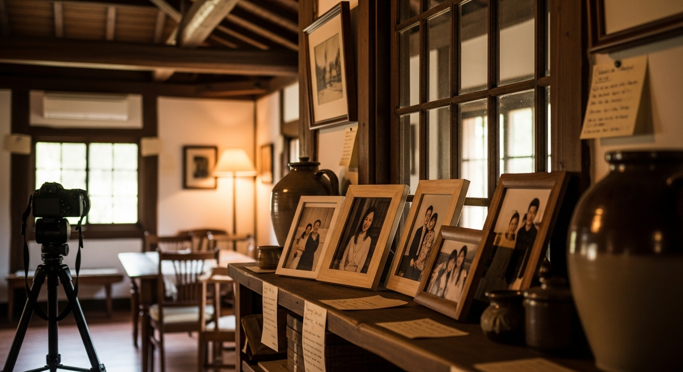 Personal family photos and heirloom items styled on rustic shelves in a cozy grey living room.