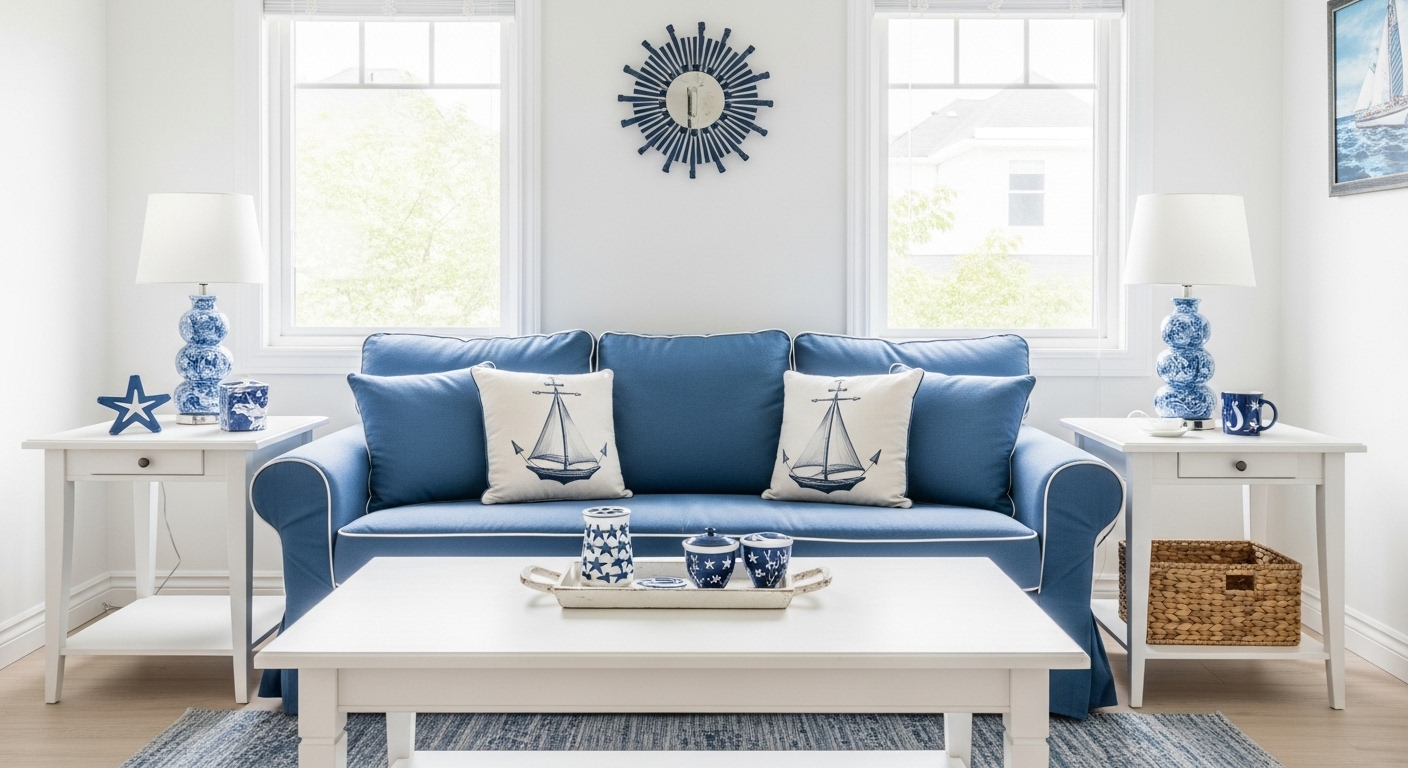 Bright coastal-style living room with crisp blue and white color combination, featuring nautical accents and natural lighting.

