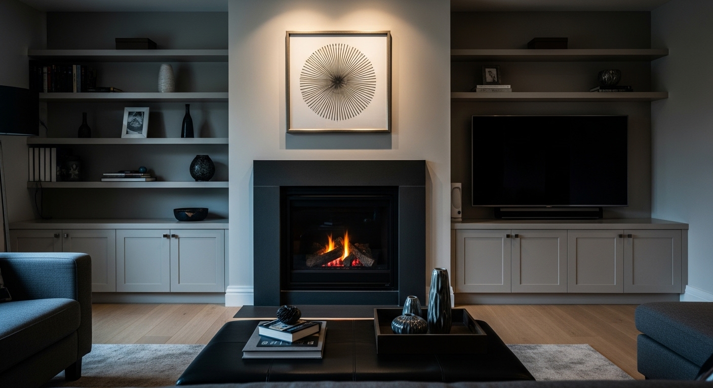 Modern living room entertainment center with shelves and media units surrounding a fireplace