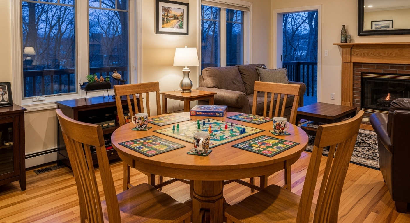 Casual game area setup in living room with table, four chairs, and an open board game ready to play