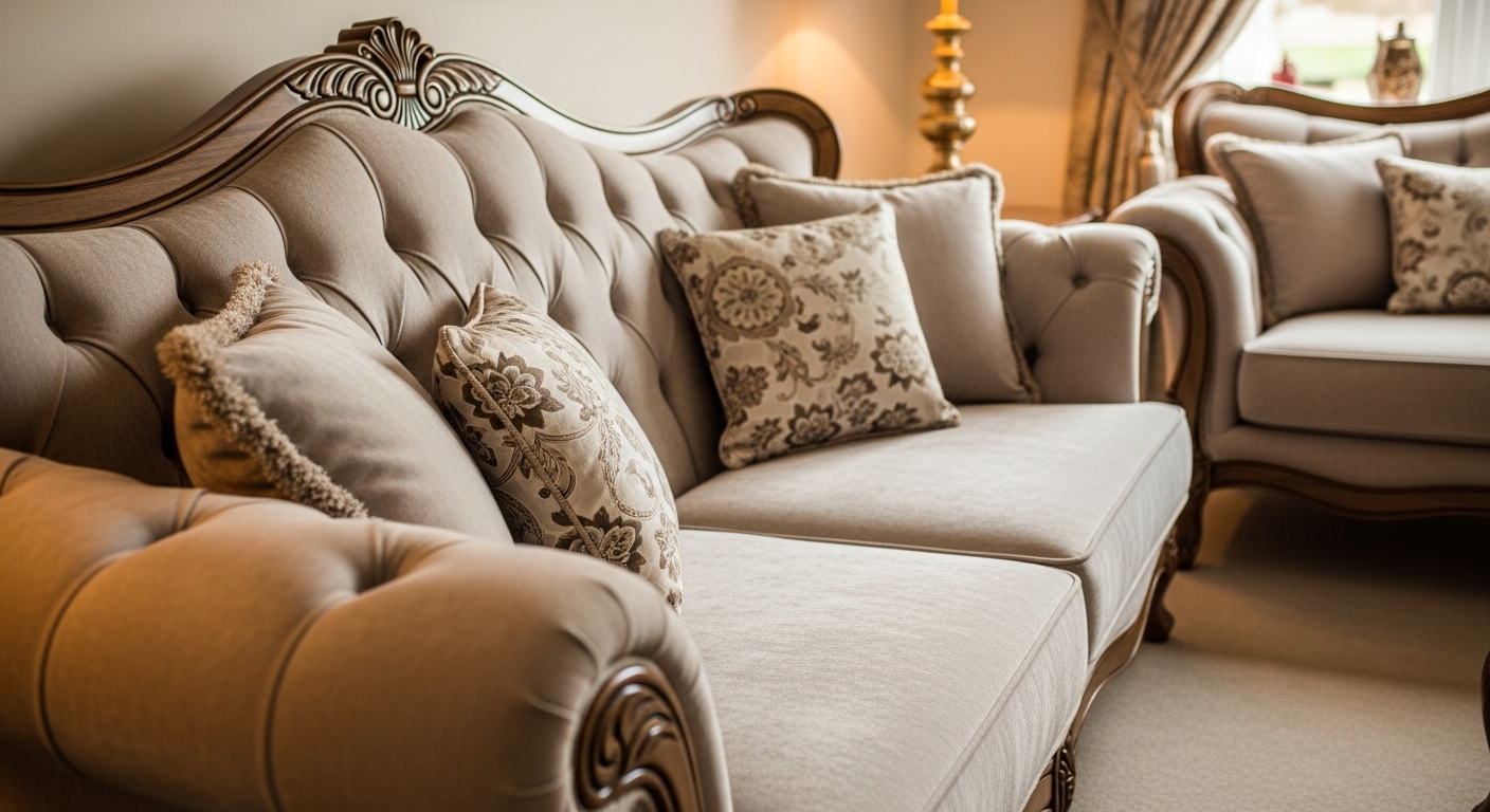 Broad-armed traditional sofa with tufted back and a plush loveseat in a classic living room.