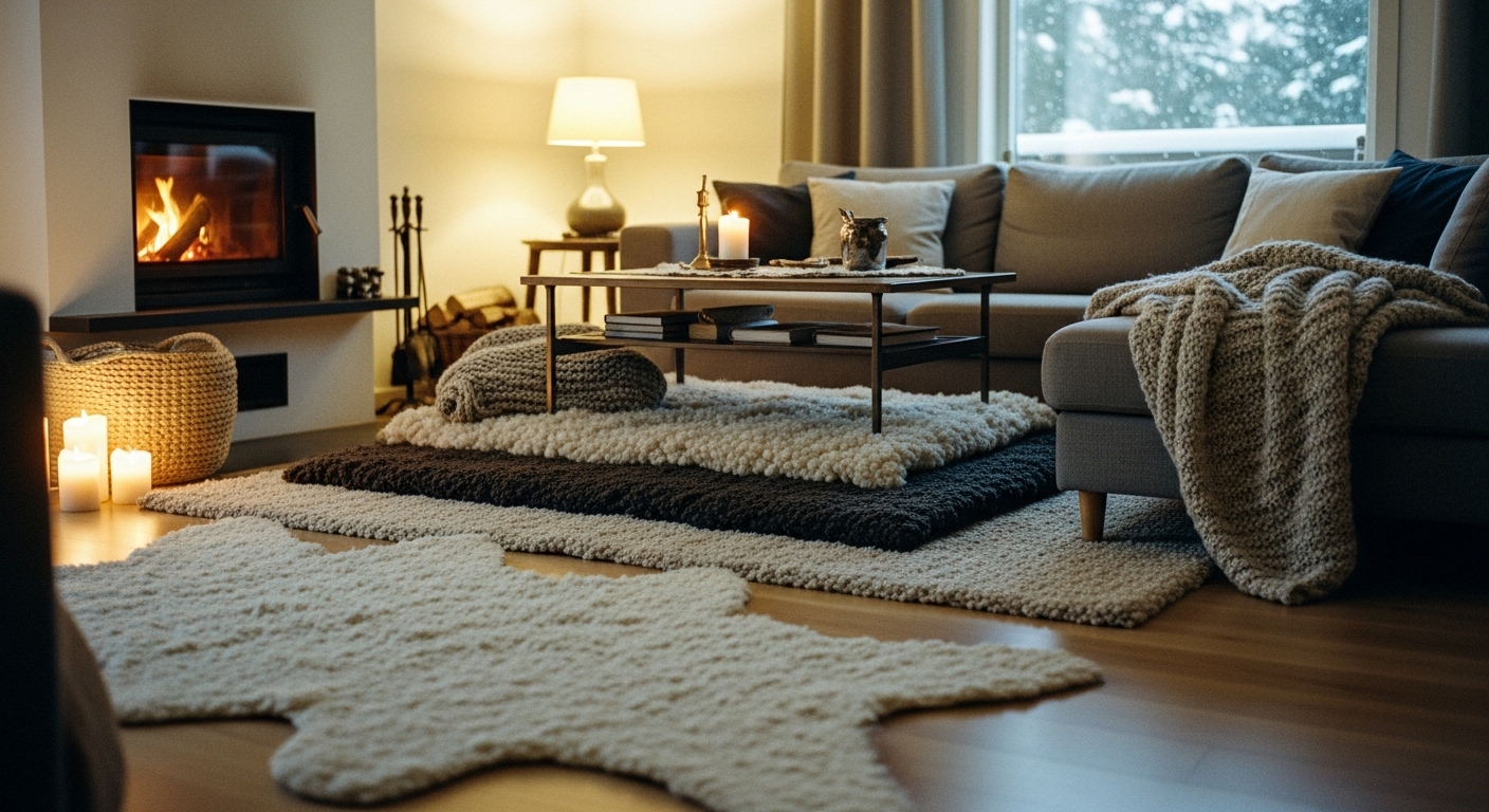 Visual examples of rug placement under sectional sofas: all legs on rug, front legs only, and rug placed in front.