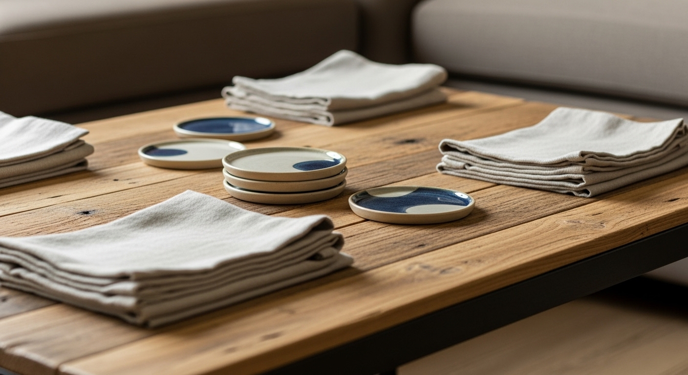 Coasters and placemats neatly arranged on a rustic wood coffee table to protect against damage.