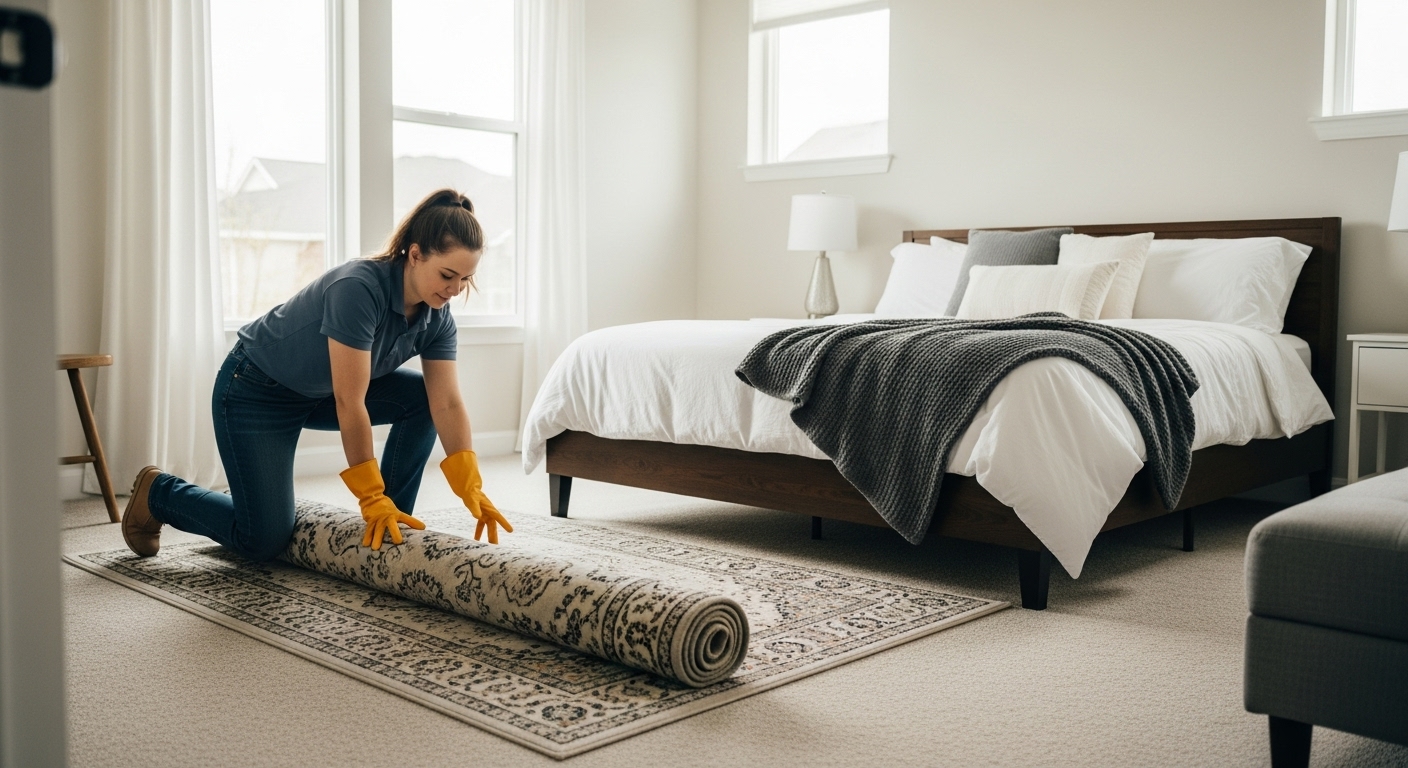 Technician cleaning a large area rug placed under a queen-size bed in a spacious bedroom, demonstrating the complexity of in-home cleaning.

