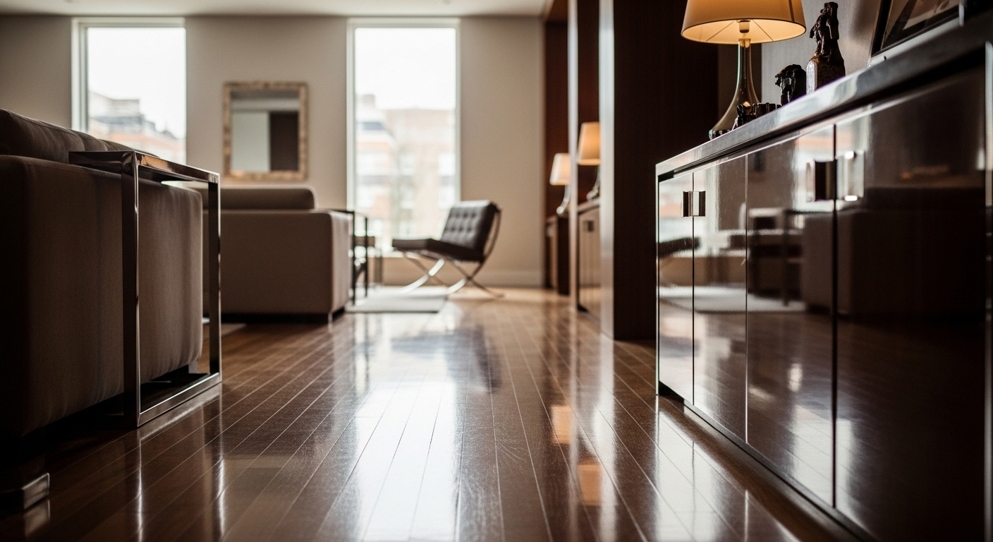 A compact space with high-gloss wooden floors and lacquered furniture reflecting light to visually enlarge the room.