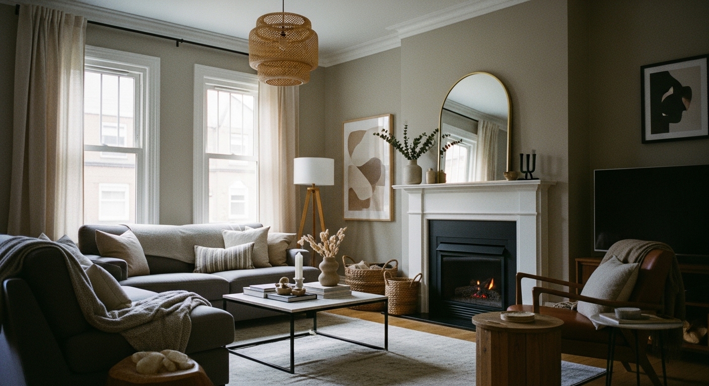 Inviting living room featuring beige, gray, and brown tones with a glowing fireplace for a cozy atmosphere