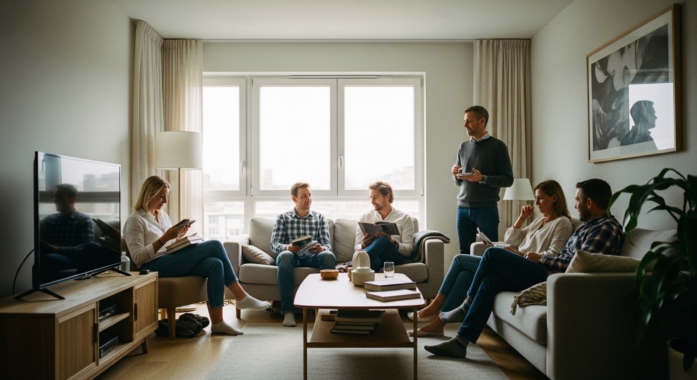 Group of people watching TV, reading books, and chatting in a cozy, sunlit living room