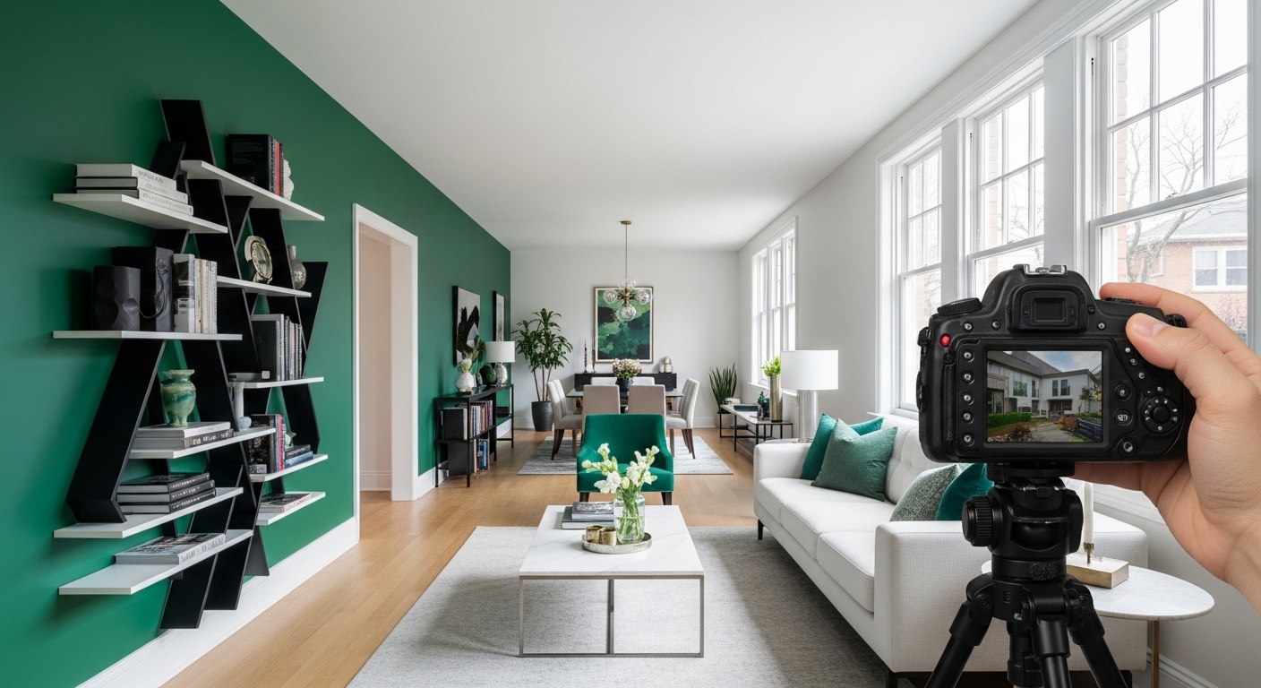 Elegant narrow living room using an accent wall to create depth and a visual endpoint, enhancing spatial perception.

