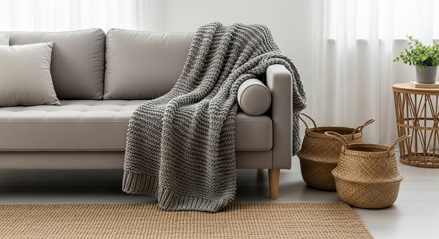 A farmhouse living room featuring a mix of textures like a sleek grey sofa, chunky knit throw, and woven baskets for tactile and visual appeal.