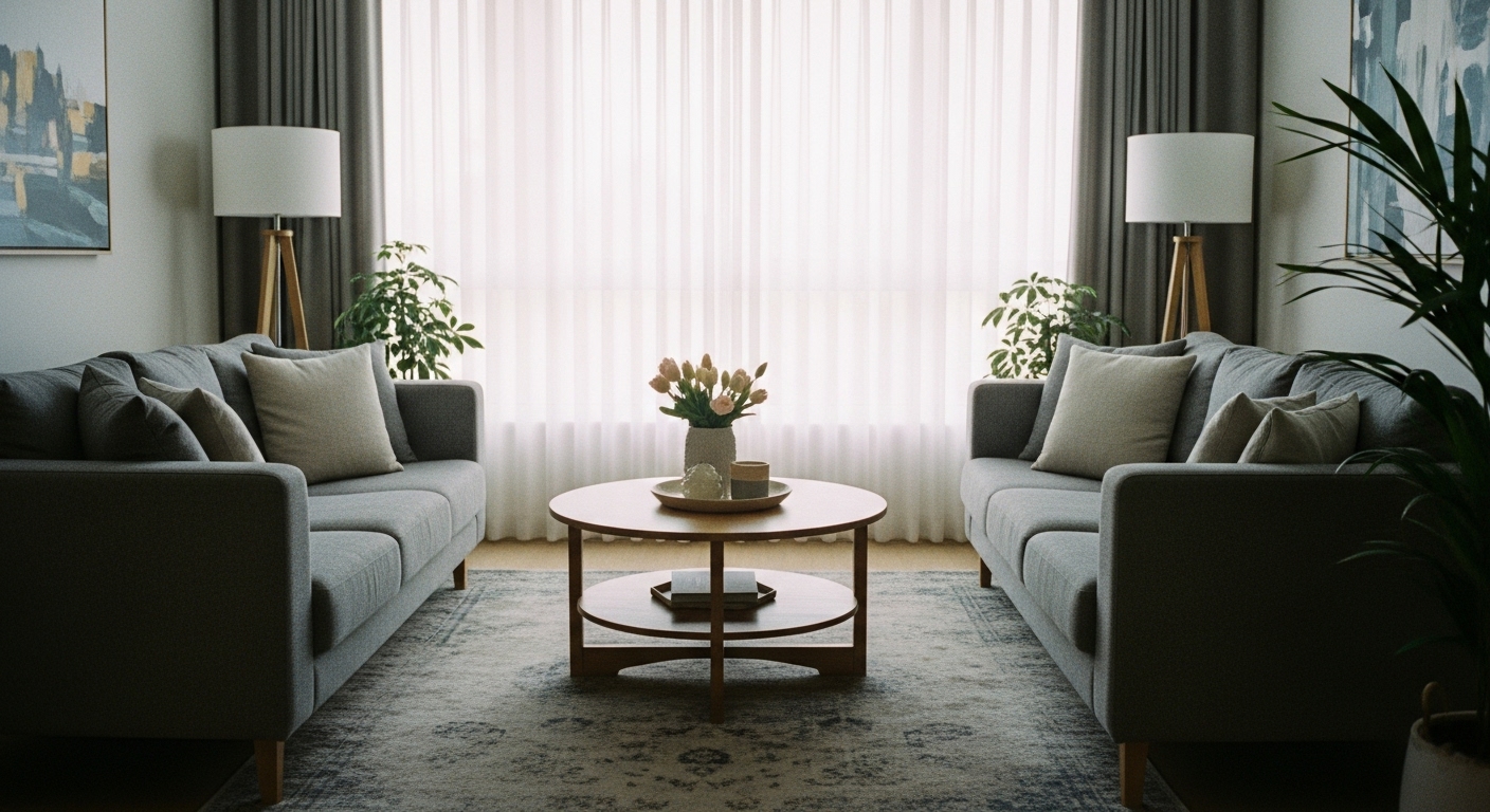 Cozy living room interior with two sofas facing each other and a round coffee table between them