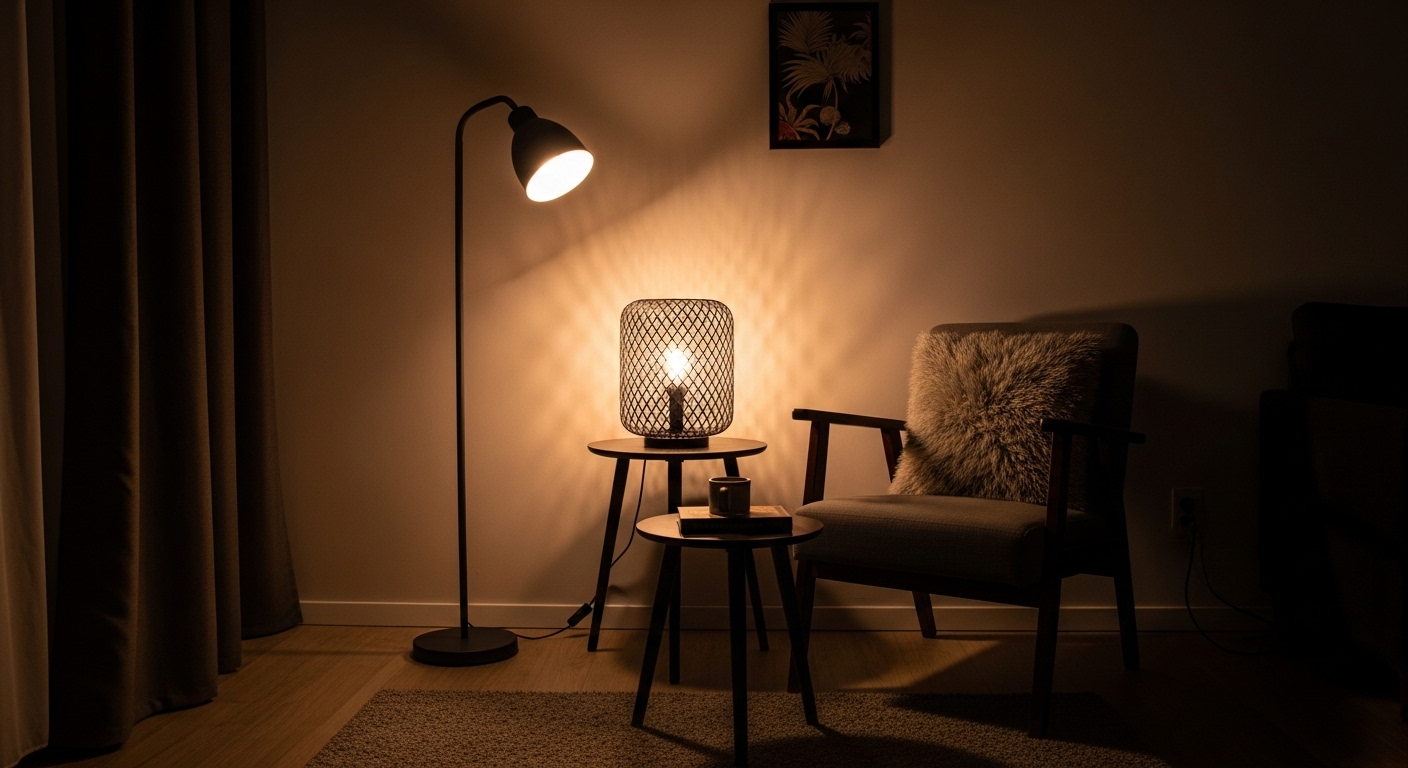 Secondary seating area in a room with focused lighting using floor and table lamps to enhance ambiance and functionality.

