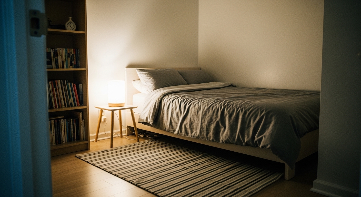 Cozy bedroom setup with a 6x9 rug beneath a queen-size bed, fitting a smaller room without overwhelming the space.