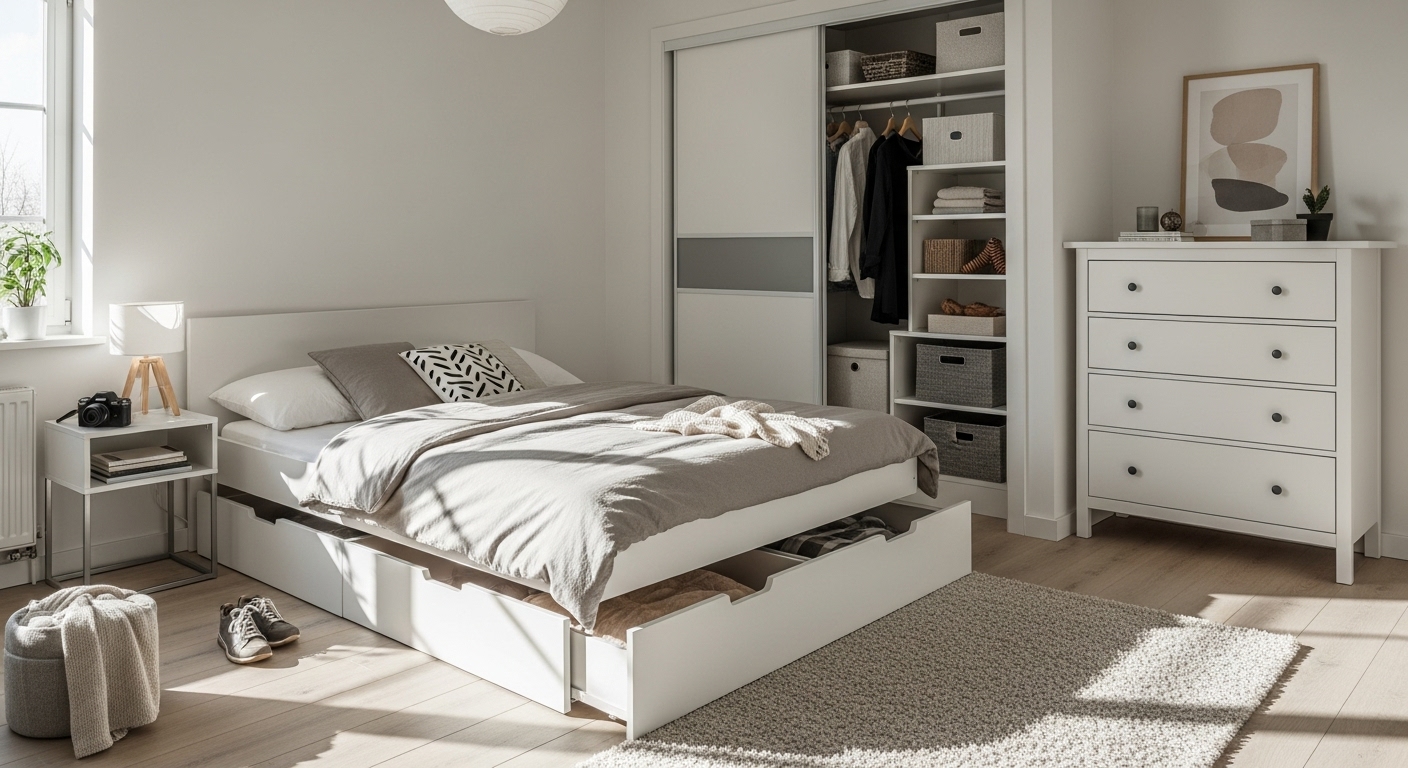 Bedroom with under-bed storage, dressers, and a sleek wardrobe to keep the space tidy and clutter-free.
