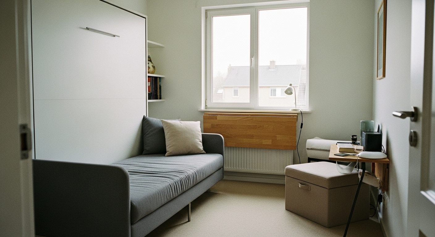 Compact spare bedroom featuring a Murphy bed, daybed, foldable table, and storage ottoman, showcasing smart furniture solutions for small spaces.